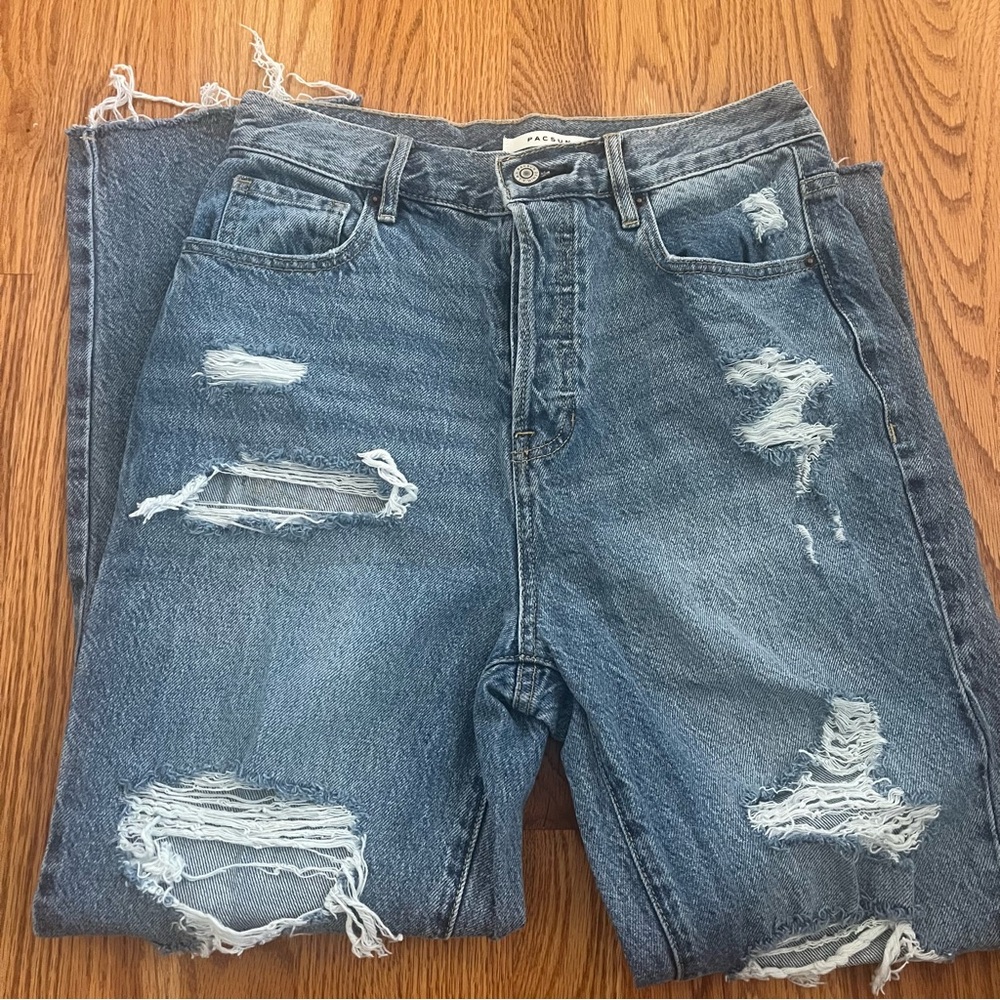 PacSun Faded Ripped Blue Denim Baggy Straight Leg Boyfriend Jeans